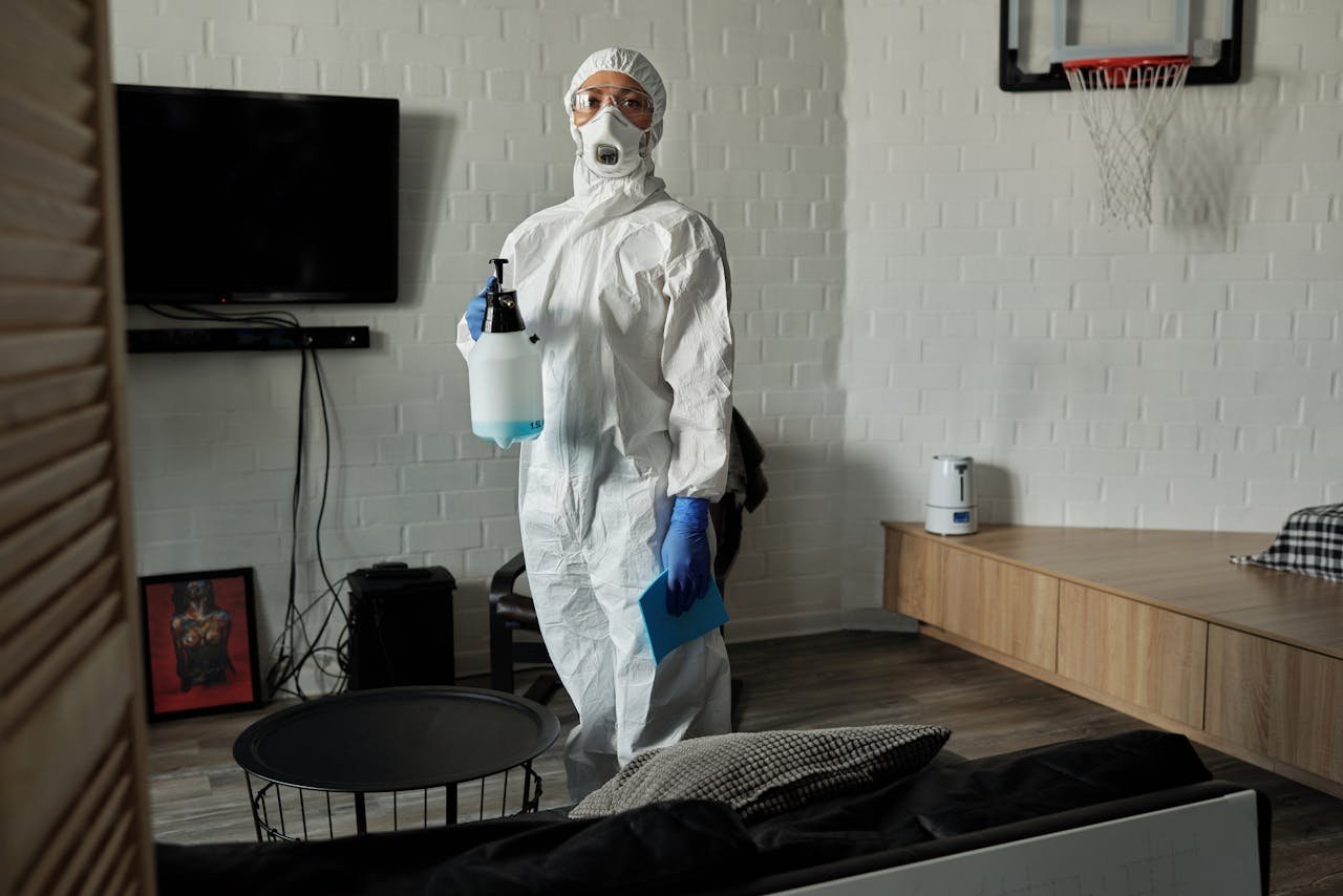 Person in full protective gear disinfecting a living room during health crisis.